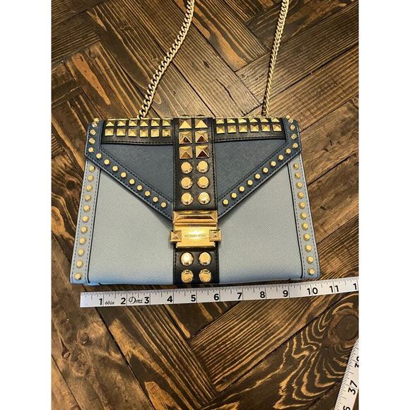 Michael Kors Whitney Blue Leather Two Tone Crossbody Purse Leather Gold Chain - Picture 7 of 15